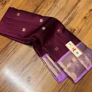 Rich Maroon Silk Saree with Gold Zari Buttas & Lavender Korvai Border
