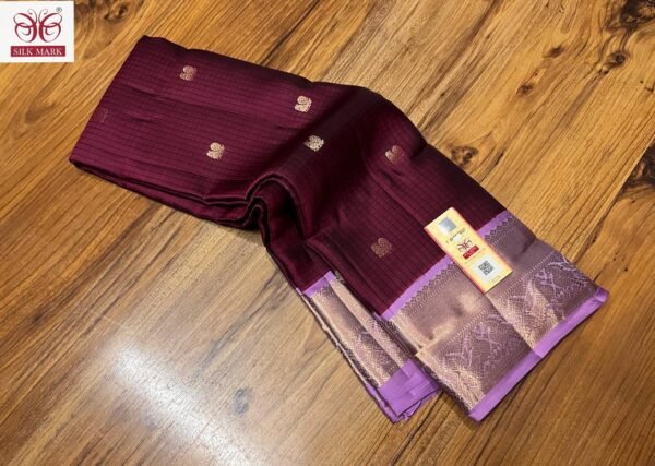 Rich Maroon Silk Saree with Gold Zari Buttas & Lavender Korvai Border