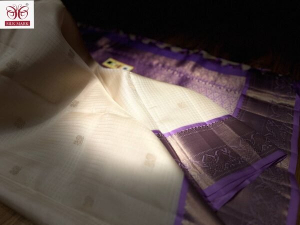 Elegant Cream Silk Saree with Lavender Korvai Border & Gold Zari Weaving