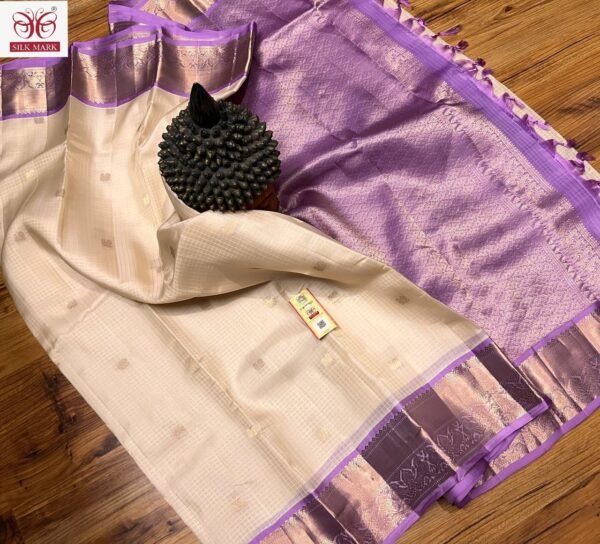 Elegant Cream Silk Saree with Lavender Korvai Border & Gold Zari Weaving