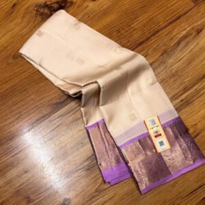 Elegant Cream Silk Saree with Lavender Korvai Border & Gold Zari Weaving