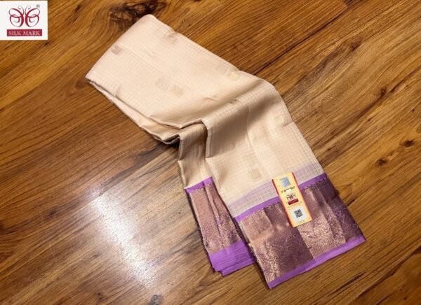 Elegant Cream Silk Saree with Lavender Korvai Border & Gold Zari Weaving