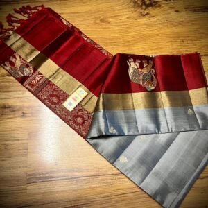 Silver Grey & Ruby Red Gold Zari Elephant Border Kanjivaram Silk Saree