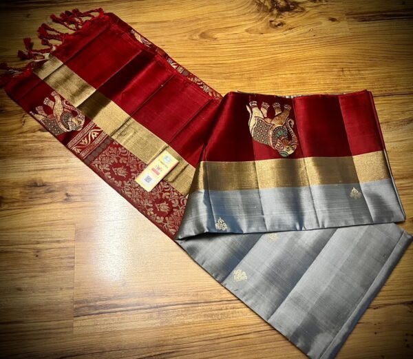 Silver Grey & Ruby Red Gold Zari Elephant Border Kanjivaram Silk Saree
