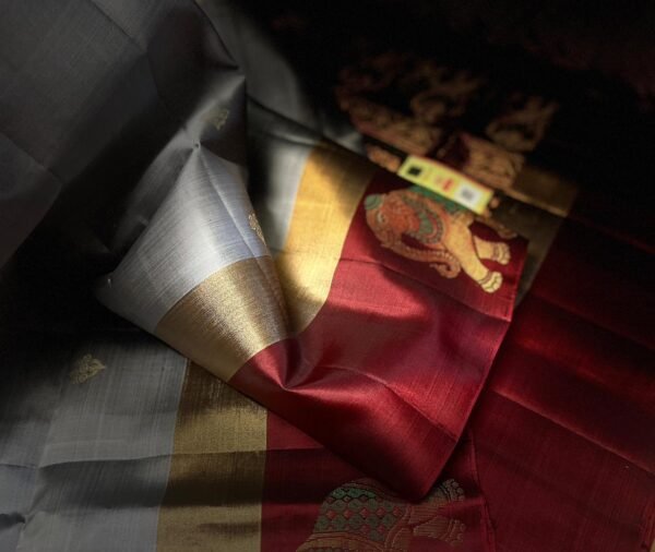 Silver Grey & Ruby Red Gold Zari Elephant Border Kanjivaram Silk Saree