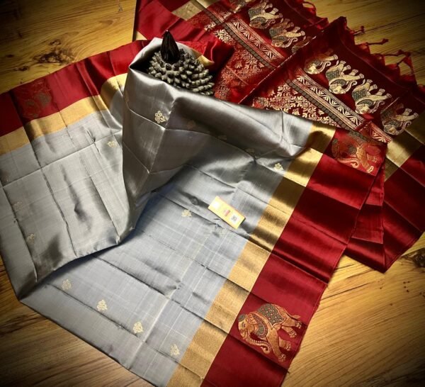 Silver Grey & Ruby Red Gold Zari Elephant Border Kanjivaram Silk Saree