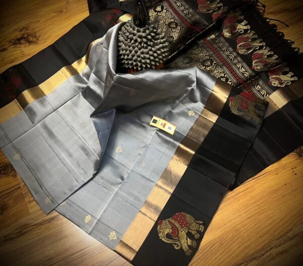 Royal Grey Silk Saree with Gold Zari Border & Majestic Elephant Pallu