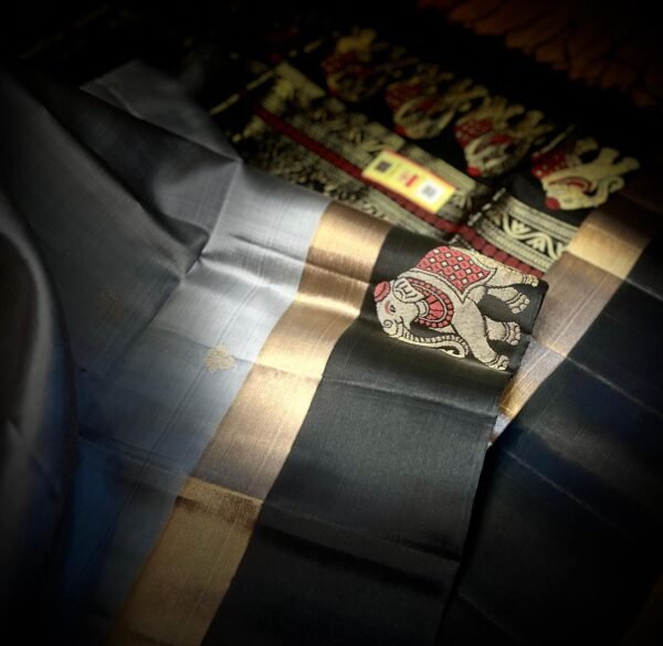 Royal Grey Silk Saree with Gold Zari Border & Majestic Elephant Pallu