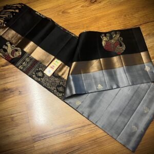 Royal Grey Silk Saree with Gold Zari Border & Majestic Elephant Pallu