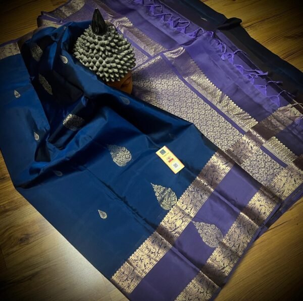 Royal Navy Blue & Lavender Gold Zari Silk Saree