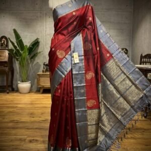 Royal Maroon & Steel Blue Pure Silk Saree with Rich Gold Zari Paisley Weaving