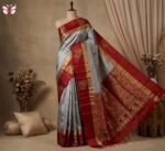 Silver Grey & Ruby Red Gold Zari Elephant Border Kanjivaram Silk Saree