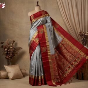 Silver Grey & Ruby Red Gold Zari Elephant Border Kanjivaram Silk Saree