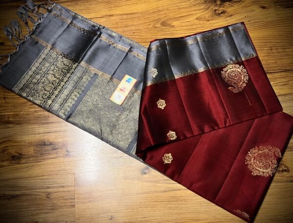 Royal Maroon & Steel Blue Pure Silk Saree with Rich Gold Zari Paisley Weaving