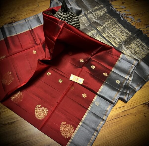 Royal Maroon & Steel Blue Pure Silk Saree with Rich Gold Zari Paisley Weaving