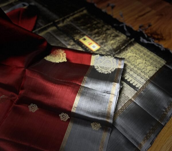 Royal Maroon & Steel Blue Pure Silk Saree with Rich Gold Zari Paisley Weaving
