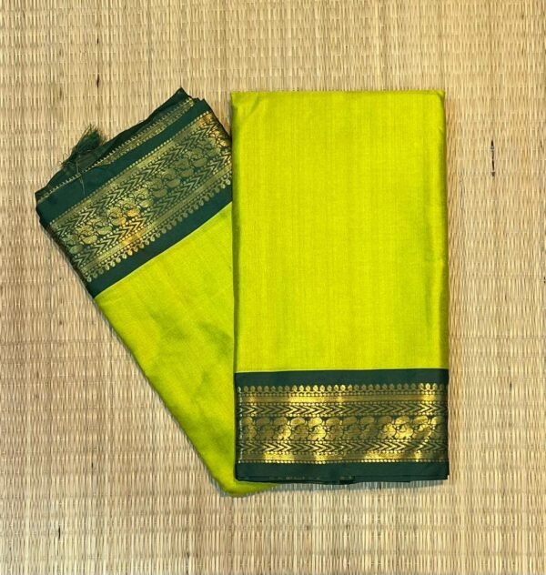 Parrot Green Kalyani Cotton Saree with Traditional Zari Border