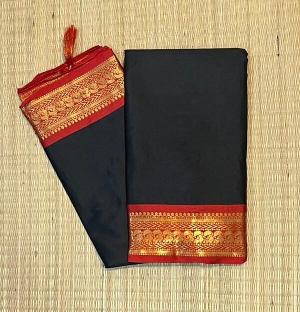 Classic Black Kalyani Cotton Saree with Crimson Red Gold Zari Border