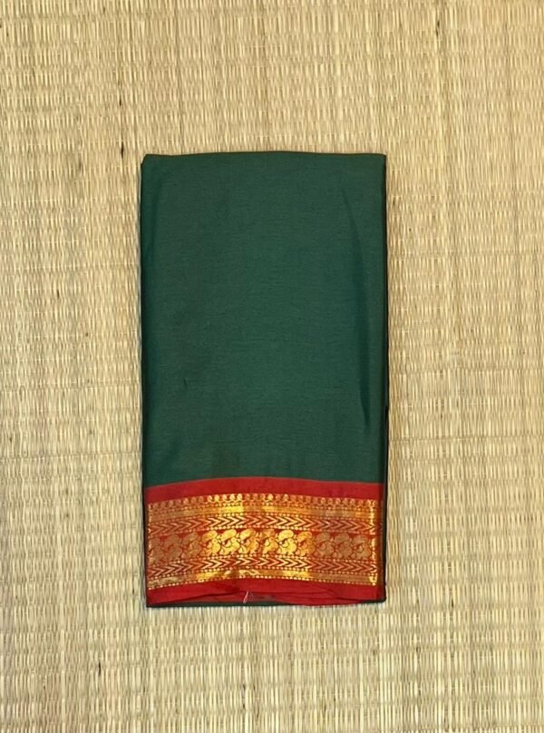 Bottle Green Kalyani Cotton Saree with Crimson Red Gold Zari Border