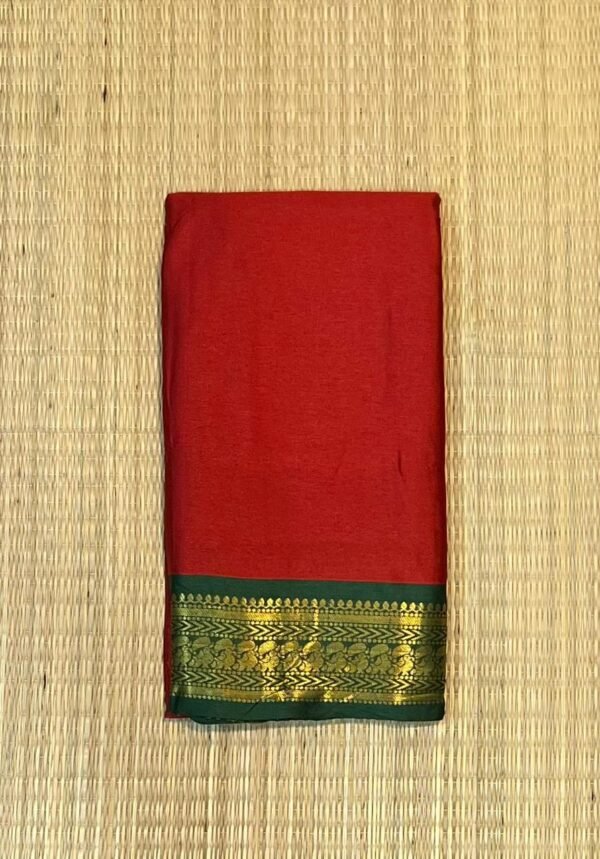Chili Red Kalyani Cotton Saree with Emerald Green Gold Zari Border