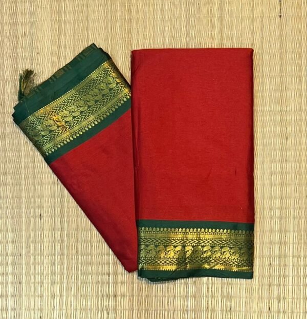 Chili Red Kalyani Cotton Saree with Emerald Green Gold Zari Border