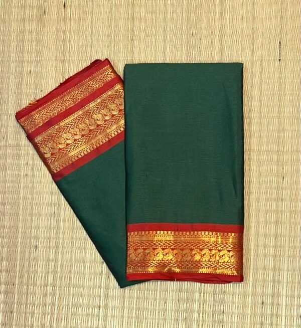 Bottle Green Kalyani Cotton Saree with Crimson Red Gold Zari Border