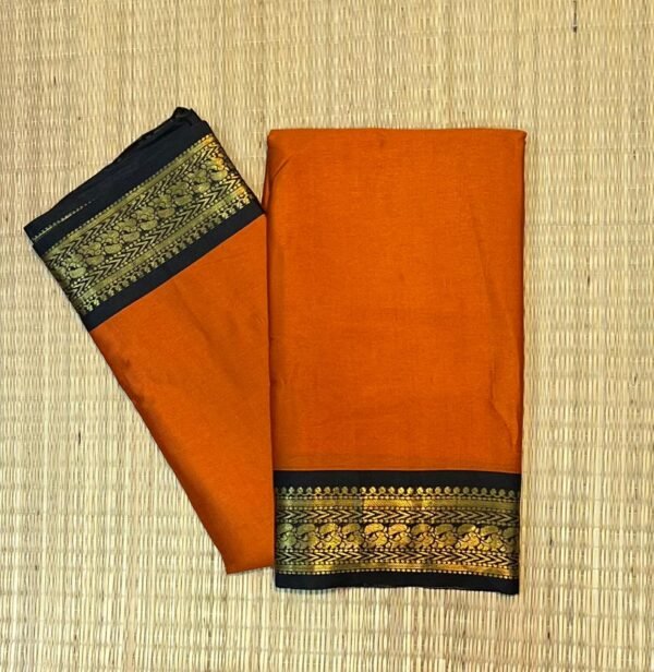 Mustard Orange Kalyani Cotton Saree with Black Gold Zari Border