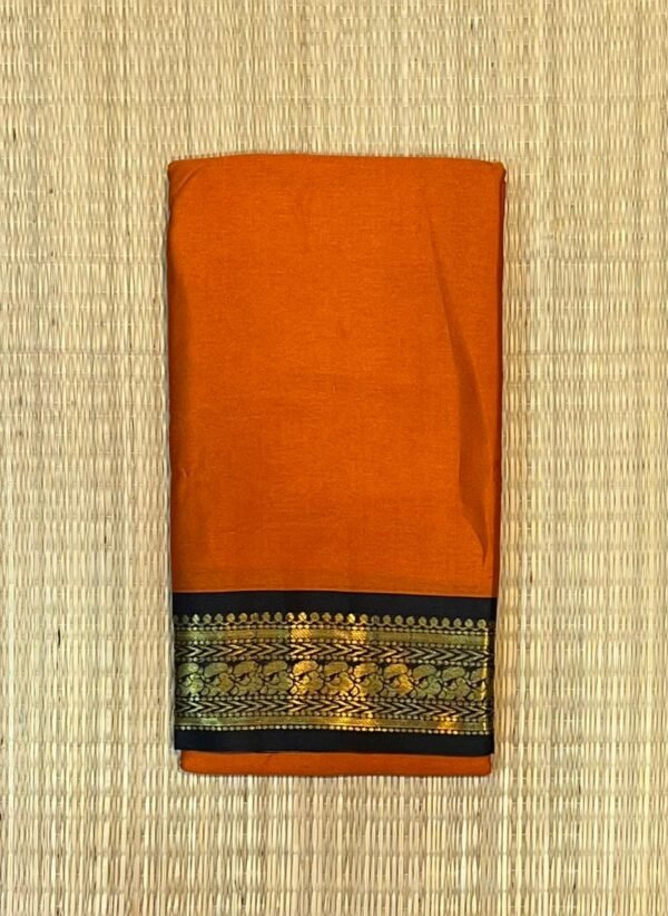 Mustard Orange Kalyani Cotton Saree with Black Gold Zari Border