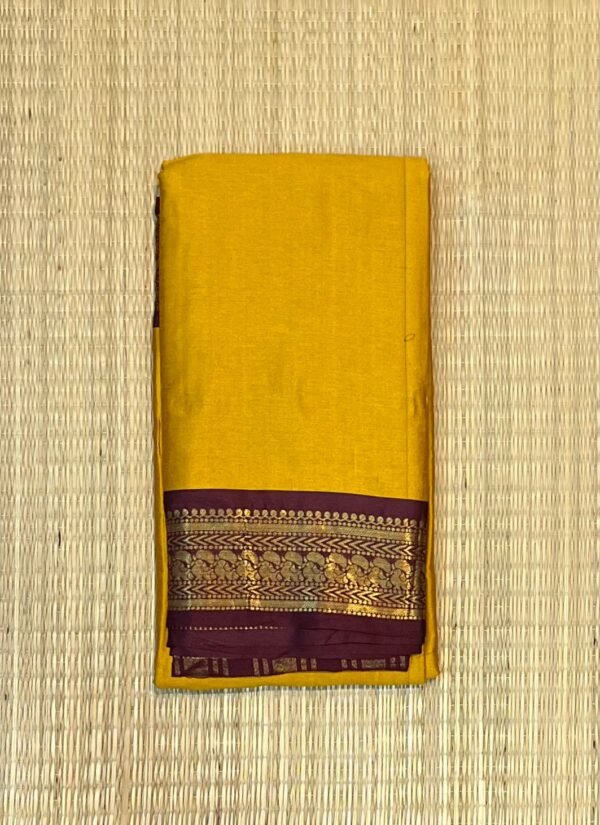 Mustard Yellow Kalyani Cotton Saree with Wine Red Gold Zari Border