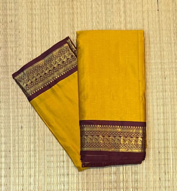Mustard Yellow Kalyani Cotton Saree with Wine Red Gold Zari Border