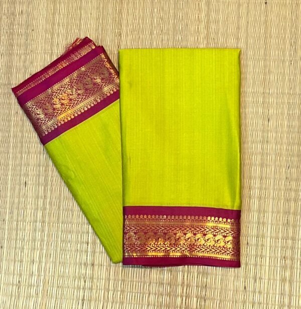 Lime Green Kalyani Cotton Saree with Deep Magenta Gold Zari Border