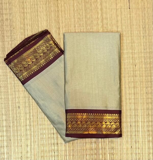 Dove Grey Kalyani Cotton Saree with Deep Plum Gold Zari Border