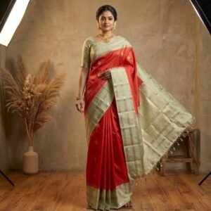 Traditional Red & Pastel Green Pure Silk Saree with Gold Zari Buttas | Elegant Contrast Silk Saree