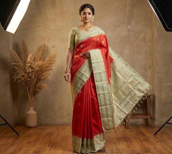 Traditional Red & Pastel Green Pure Silk Saree with Gold Zari Buttas | Elegant Contrast Silk Saree