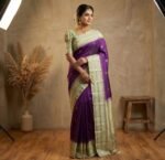 Royal Purple & Pastel Green Pure Silk Saree with Gold Zari Buttas | Elegant Traditional Silk Saree