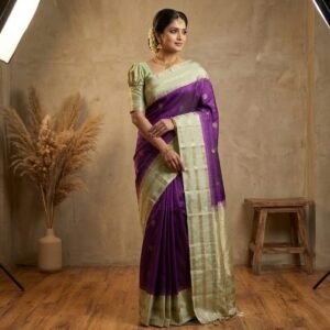 Royal Purple & Pastel Green Pure Silk Saree with Gold Zari Buttas | Elegant Traditional Silk Saree
