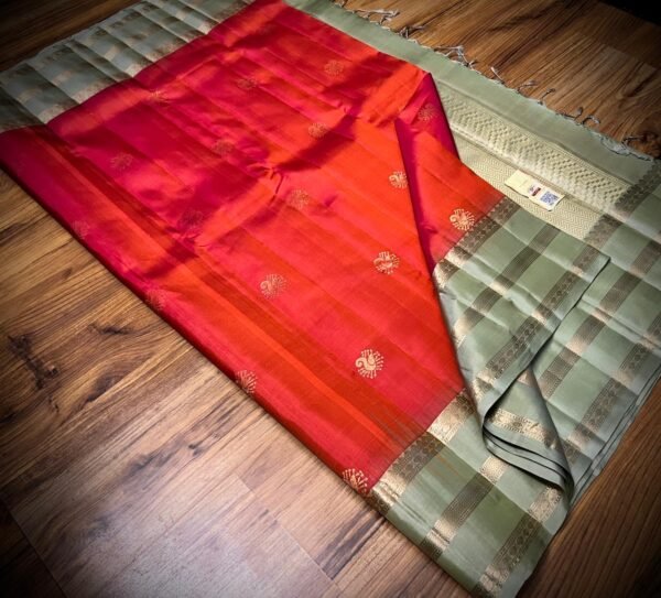 Traditional Red & Pastel Green Pure Silk Saree with Gold Zari Buttas | Elegant Contrast Silk Saree