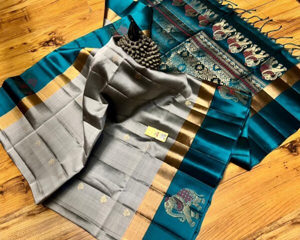 Elegant Grey Silk Saree with Gold Zari Buttas and Teal Contrast Border & Rich Elephant Pallu