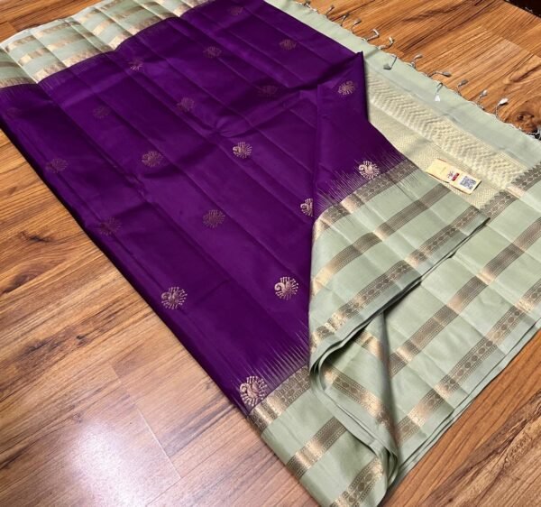 Royal Purple & Pastel Green Pure Silk Saree with Gold Zari Buttas | Elegant Traditional Silk Saree