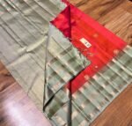 Traditional Red & Pastel Green Pure Silk Saree with Gold Zari Buttas | Elegant Contrast Silk Saree