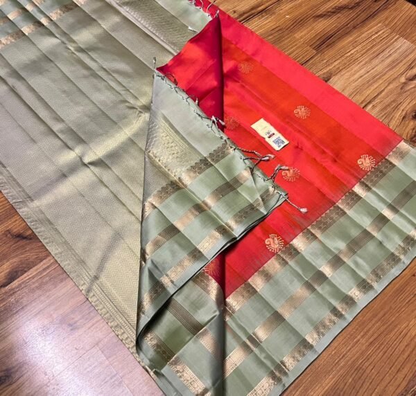 Traditional Red & Pastel Green Pure Silk Saree with Gold Zari Buttas | Elegant Contrast Silk Saree