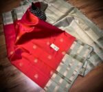 Traditional Red & Pastel Green Pure Silk Saree with Gold Zari Buttas | Elegant Contrast Silk Saree
