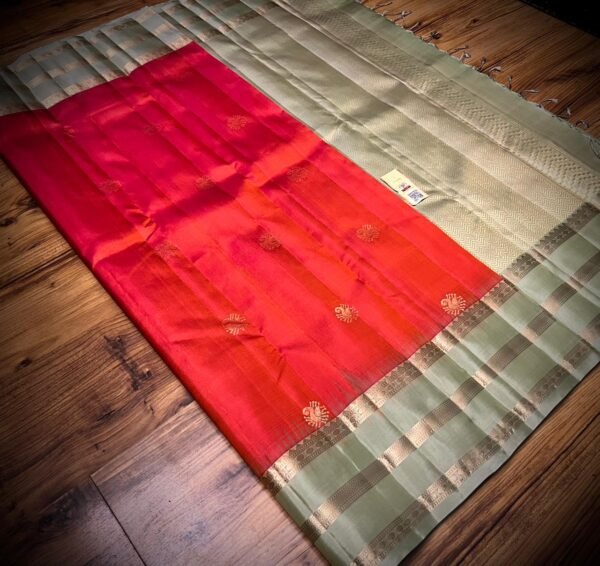 Traditional Red & Pastel Green Pure Silk Saree with Gold Zari Buttas | Elegant Contrast Silk Saree