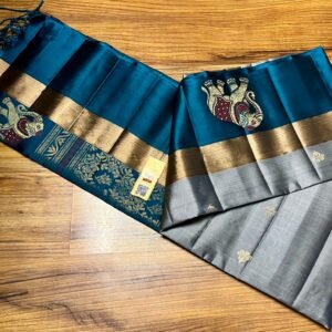 Elegant Grey Silk Saree with Gold Zari Buttas and Teal Contrast Border & Rich Elephant Pallu