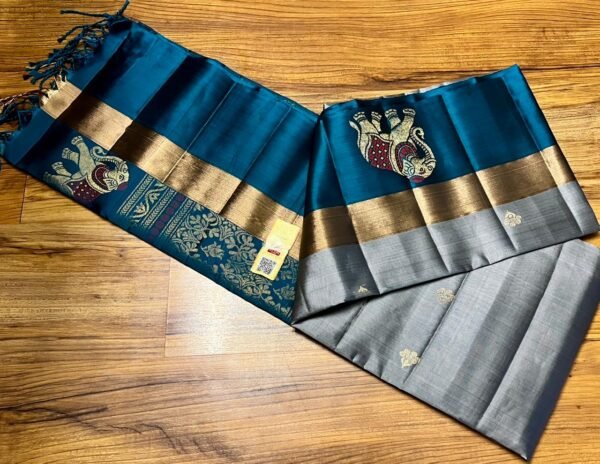 Elegant Grey Silk Saree with Gold Zari Buttas and Teal Contrast Border & Rich Elephant Pallu