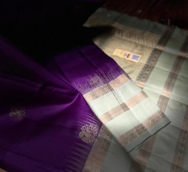 Royal Purple & Pastel Green Pure Silk Saree with Gold Zari Buttas | Elegant Traditional Silk Saree