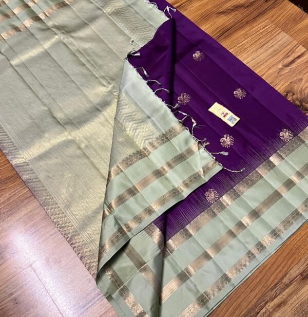 Royal Purple & Pastel Green Pure Silk Saree with Gold Zari Buttas | Elegant Traditional Silk Saree
