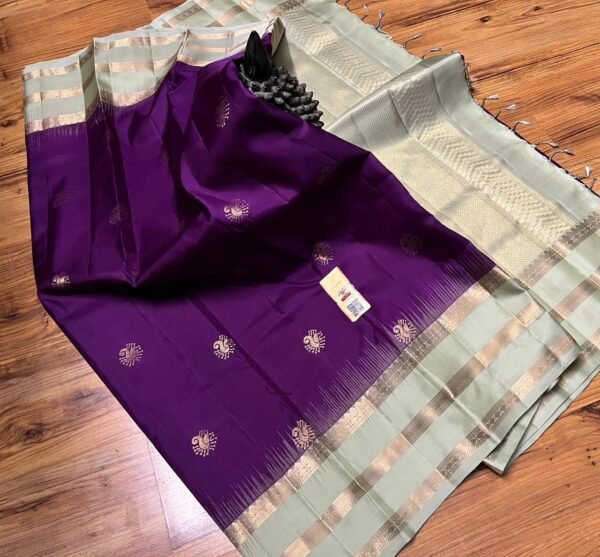 Royal Purple & Pastel Green Pure Silk Saree with Gold Zari Buttas | Elegant Traditional Silk Saree