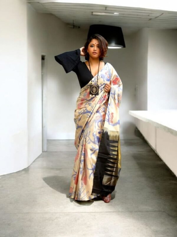 Elegant Ivory Pochampally Ikat Saree with Peacock & Deer Motifs and Rich Gold Zari Pallu