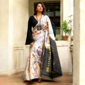 Elegant Ivory Pochampally Ikat Saree with Peacock & Deer Motifs and Rich Gold Zari Pallu